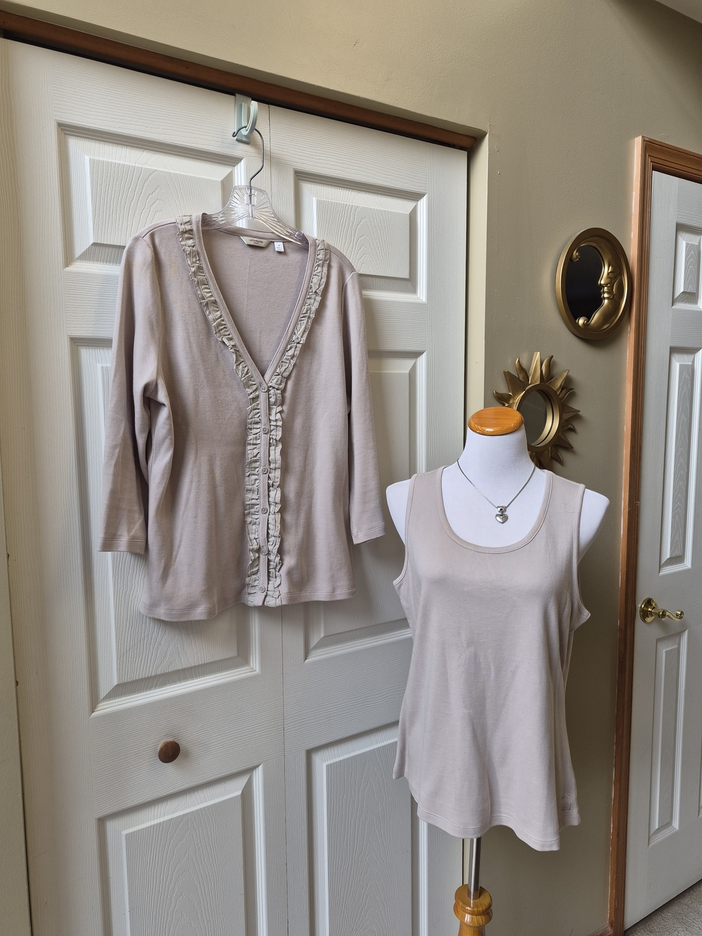 Liz Claiborne Neutral Ruffle Trim Cardigan with Tank - Light Taupe
